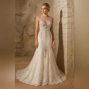 Mori Lee By Madeline Gardner Ivory Fit & Flare Beaded Lace Wedding Gown